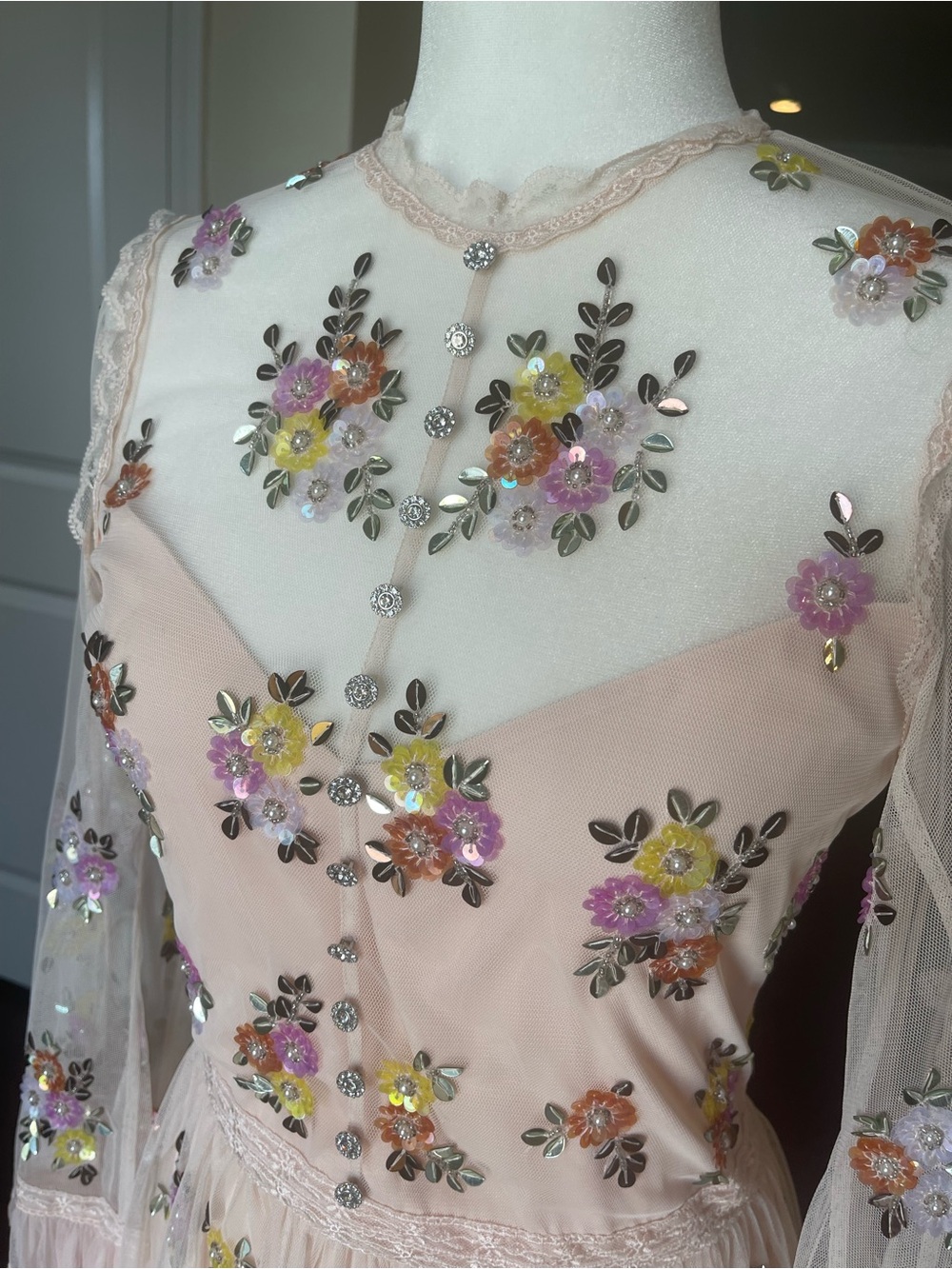 Alice + Olivia Allegra Embellished Lace Mini Gown Pale Pink NWT US 10 - Picture 14 of 16